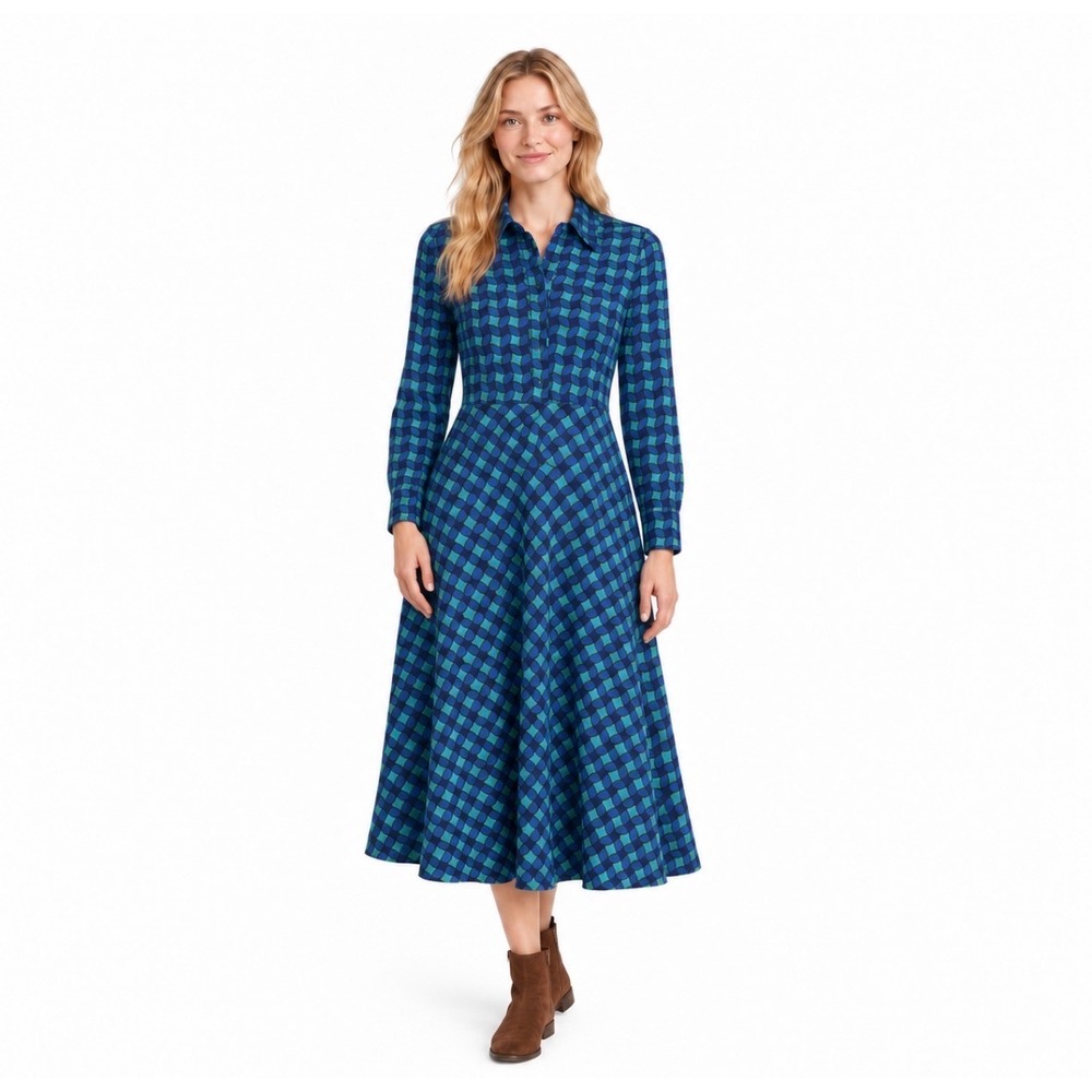 Boden Women Teal Blue Geometric Print Long Sleeve Midi Shirt Dress US 6P UK 10P